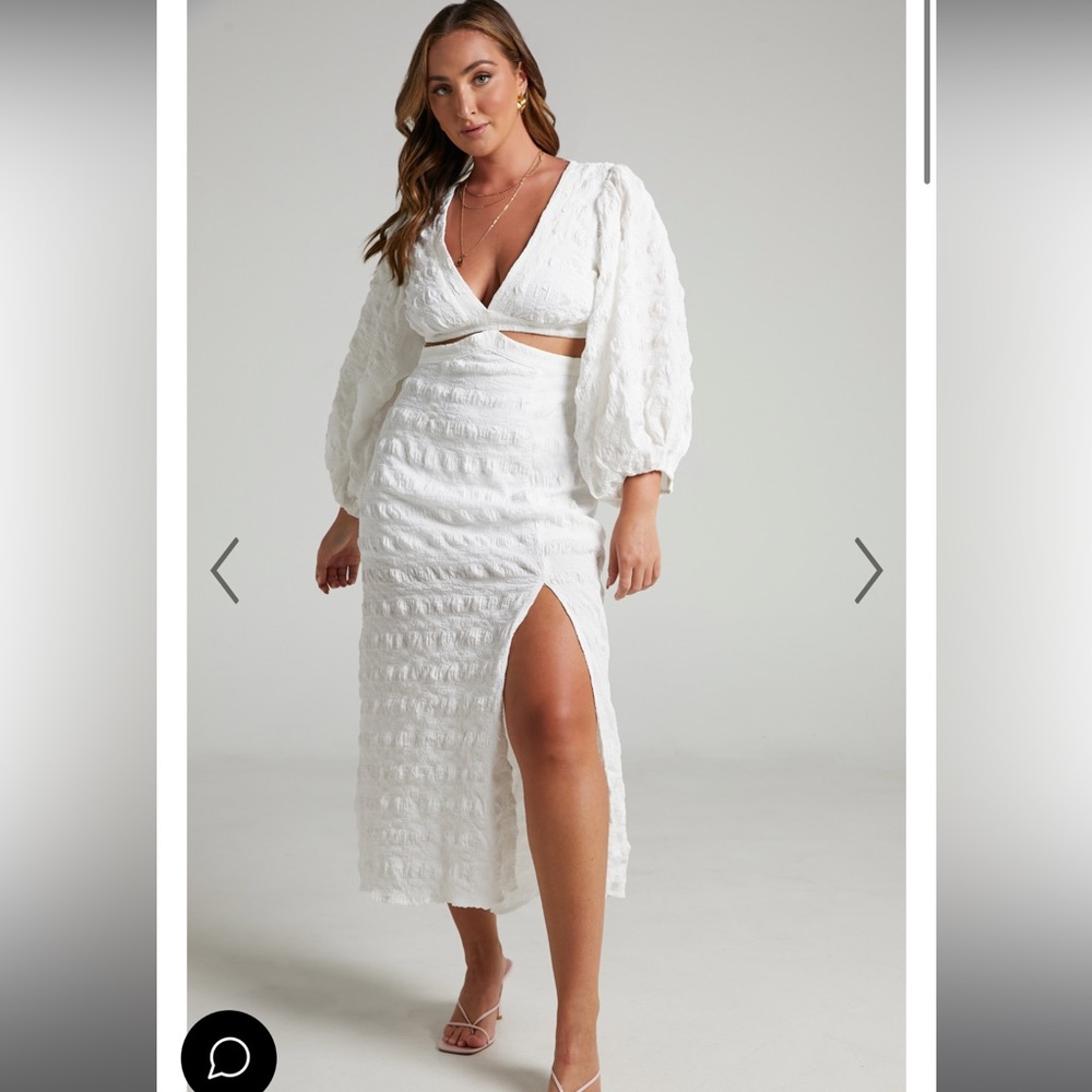 Showpo TABATHA PUFF SLEEVE CUT OUT MIDI DRESS IN WHITE CHECK